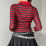 Net red hipster striped print mid-sleeve top Slim short V-neck T-shirt