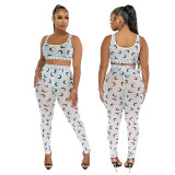 Sexy printed suspender top and see-through slim pencil pants two-piece set for women