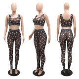 Sexy printed suspender top and see-through slim pencil pants two-piece set for women