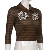 Net red hipster striped print mid-sleeve top Slim short V-neck T-shirt