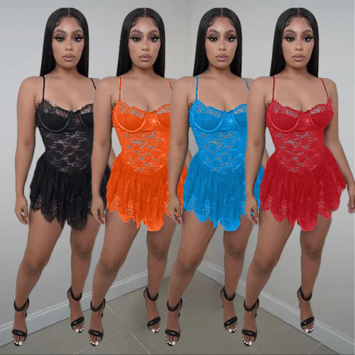 Women's Solid Color Lace Lace Sling Short Sexy Dress