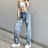 Fashion Personality Letter Patch Straight Jeans Street Hot Girl Loose Straight Casual Pants