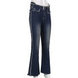 Ladies Hot Girl Metal Belt Butterfly Embroidery Personality Raw Edge High Waist Slim Jeans