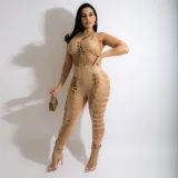 Fashion sexy wrap chest hollow solid color personality nightclub hot tight suit