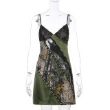 Green leaf print lace stitching suspender skirt light and sexy V-neck open back perspective skirt