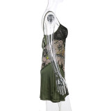 Green leaf print lace stitching suspender skirt light and sexy V-neck open back perspective skirt