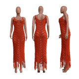Women's Solid Color Sleeveless Jacquard Knit Fringe Beach Dress