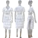 Large size solid color low-cut puff sleeve top two-piece cake tutu skirt suit