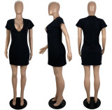 Women's Sexy V-Neck Low Cut Irregular Ripped T-Shirt Dress