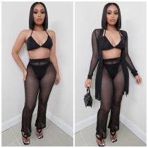 Women's Spring/Summer Fashion Fashion Sexy Mesh Perspective Suit Four-piece Set