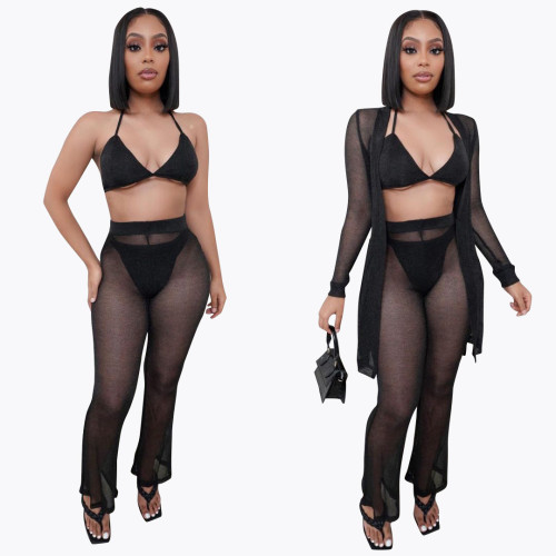 Women's Spring/Summer Fashion Fashion Sexy Mesh Perspective Suit Four-piece Set