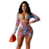 Printed Long Sleeve Ruched Tie Mesh Sheer Two-Piece Set