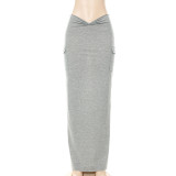 Solid Casual High Waist Pocket Pleated Slim Skirt