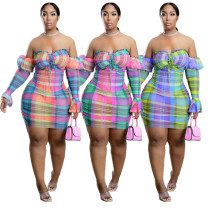 Fashion Printed Sheer Mesh One Shoulder Nightclub Dress