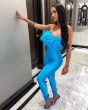Ostrich Hair One Shoulder Tight Sexy Ladies Jumpsuit