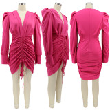 Solid color pull-up pleated hip sexy women's dress