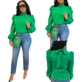 Solid Color Long Stand Collar Puff Sleeve Tie Back Top