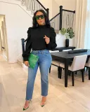 Solid Color Long Stand Collar Puff Sleeve Tie Back Top