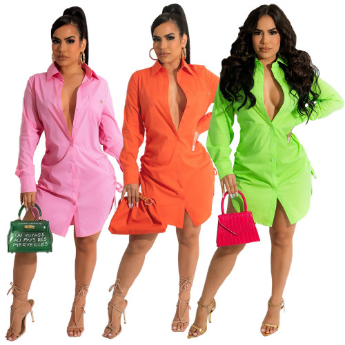 Sexy Solid Color Pack Hip Long Sleeve Drawstring Smocked Dress
