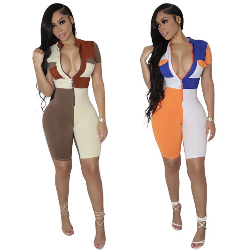 Fashionable and sexy tight-fitting contrast color stitching short jumpsuit