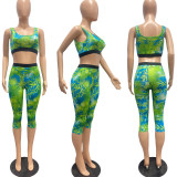 Ladies Casual Sexy Vest Print Cropped Pants Two Piece Set