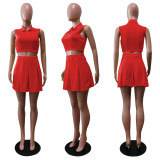 Fashion Casual Sleeveless POLO Collar Folding Skirt Spring Summer Suit