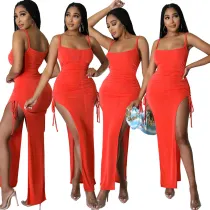 Sexy women's solid color smocked irregular suspender skirt