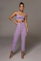 Printed Multi Pocket Tank Top Fashion Casual Suit Women's Two Piece