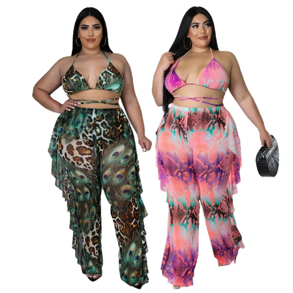 Beach Sexy Feature Print Swimsuit Mesh Three-piece Set