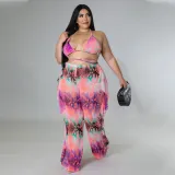 Beach Sexy Feature Print Swimsuit Mesh Three-piece Set
