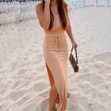 Casual Solid Color Sleeveless Tie Backless Slit Dress Women's