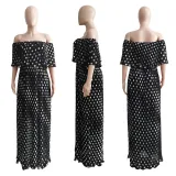 One-shoulder chiffon pleated polka dot print maxi dress