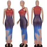 Round Neck Sexy Pack Hip Mesh Print Sleeveless Dress