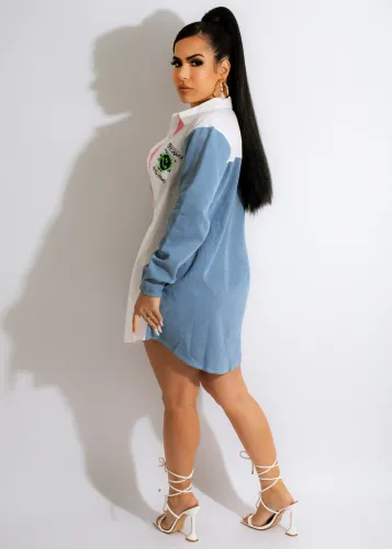 Fashion Ladies Shirt Casual Denim Patchwork Patch Mid Length Shirt Dress
