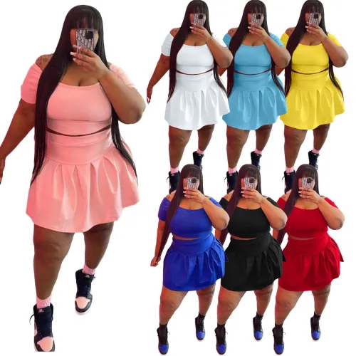 women's solid color pleated skirt plus size two piece set