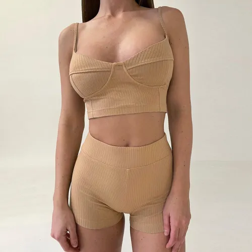Sling Breast Cup High Waist Shorts Sports Two-Piece Set