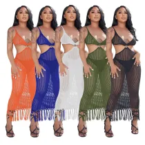 Women's Solid Color Casual Knit One Piece Fringe Beach Dress