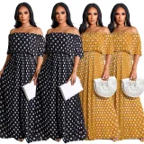 One-shoulder chiffon pleated polka dot print maxi dress