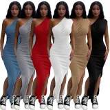 Solid ribbed pleated slant-shoulder slit maxi dress