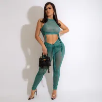 Casual Print Crew Neck Slim Fit Sleeveless Drawstring Mesh Tank Top Pencil Pants Two-Piece Set