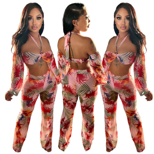 Sexy Sheer Print Sling Straight Pants Two-Piece Set