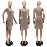 Women's Summer Fashion Solid Color Sleeveless Fringe Dress Suit