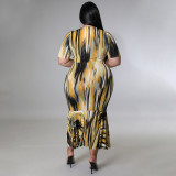 Round Neck Short Sleeve Ruffle Dress Print Plus Size Dress