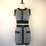 Fashion women's round neck sleeveless waistless skirt suit geometric pattern wool two-piece set