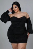 Plus size women's one-word V-neck solid color dress dress