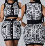 Fashion women's round neck sleeveless waistless skirt suit geometric pattern wool two-piece set