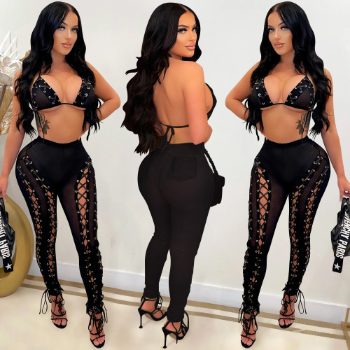 Fashion women's sexy solid color mesh see-through hollow sleeveless vest trousers two-piece set