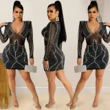 Fashion sexy women's nightclub long-sleeved hot-drilled mesh see-through dress