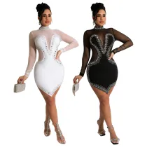 Fashion Deep V Irregular Skirt Zhigong Wool Polyester Mesh Hot Drill Sexy Perspective Nightclub Dress Women
