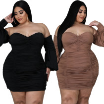 Plus size women's one-word V-neck solid color dress dress